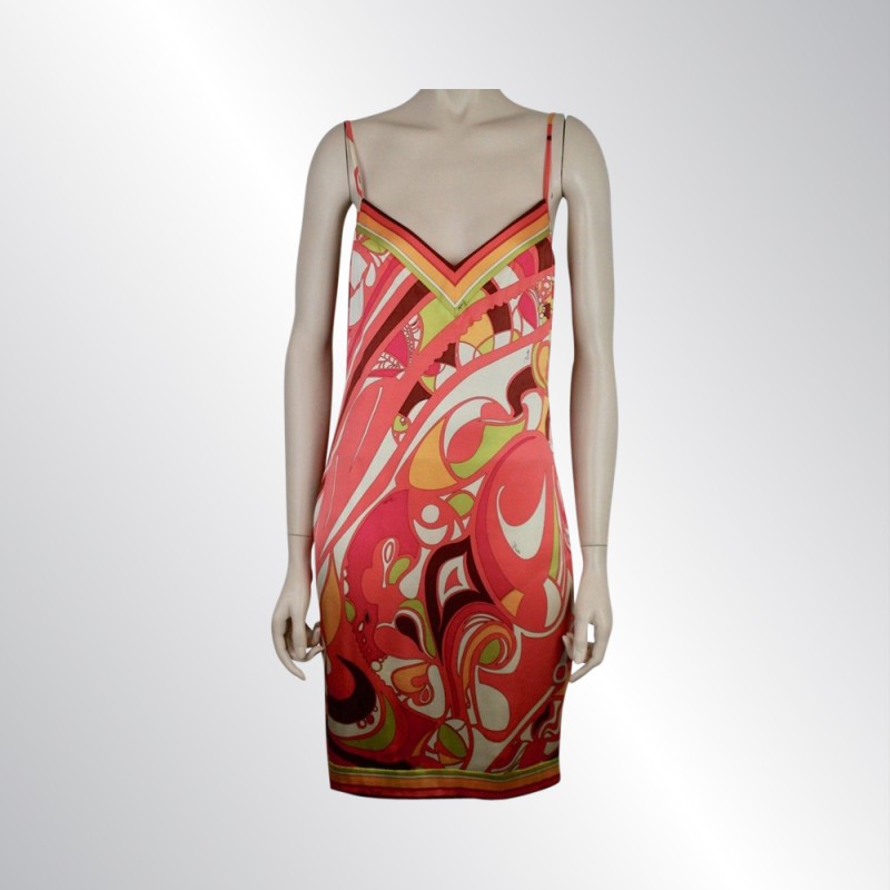 SEXY PUCCI SILK SATIN COCKTAIL SLIP DRESS HOT PINK YELLOW IVORY GREEN, SIZE 42/8