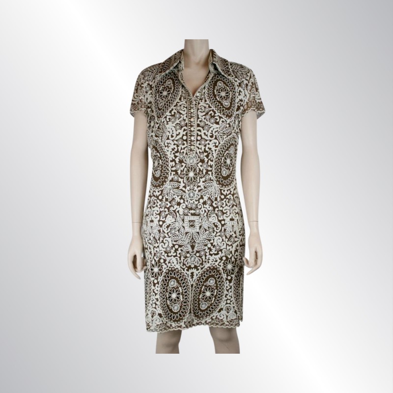 NAEEM KHAN IVORY AND BROWN EMBROIDERED SILK DRESS, SHORT SLEEVE, SIZE 6