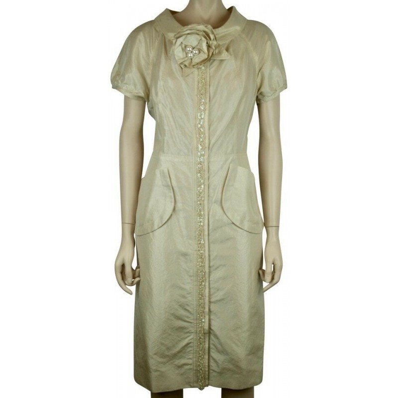 REDUX CHARLES CHANG-LIMA IVORY BEADED COCKTAIL DRESS, FLOWER & PEARLS SIZE 42/12