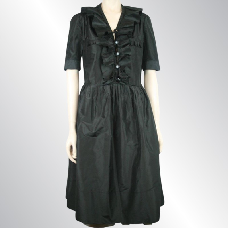 CHLOE BLACK SILK COCKTAIL DRESS SHORT SLEEVE RUFFLE NECKLINE FULL SKIRT SZ 42/12