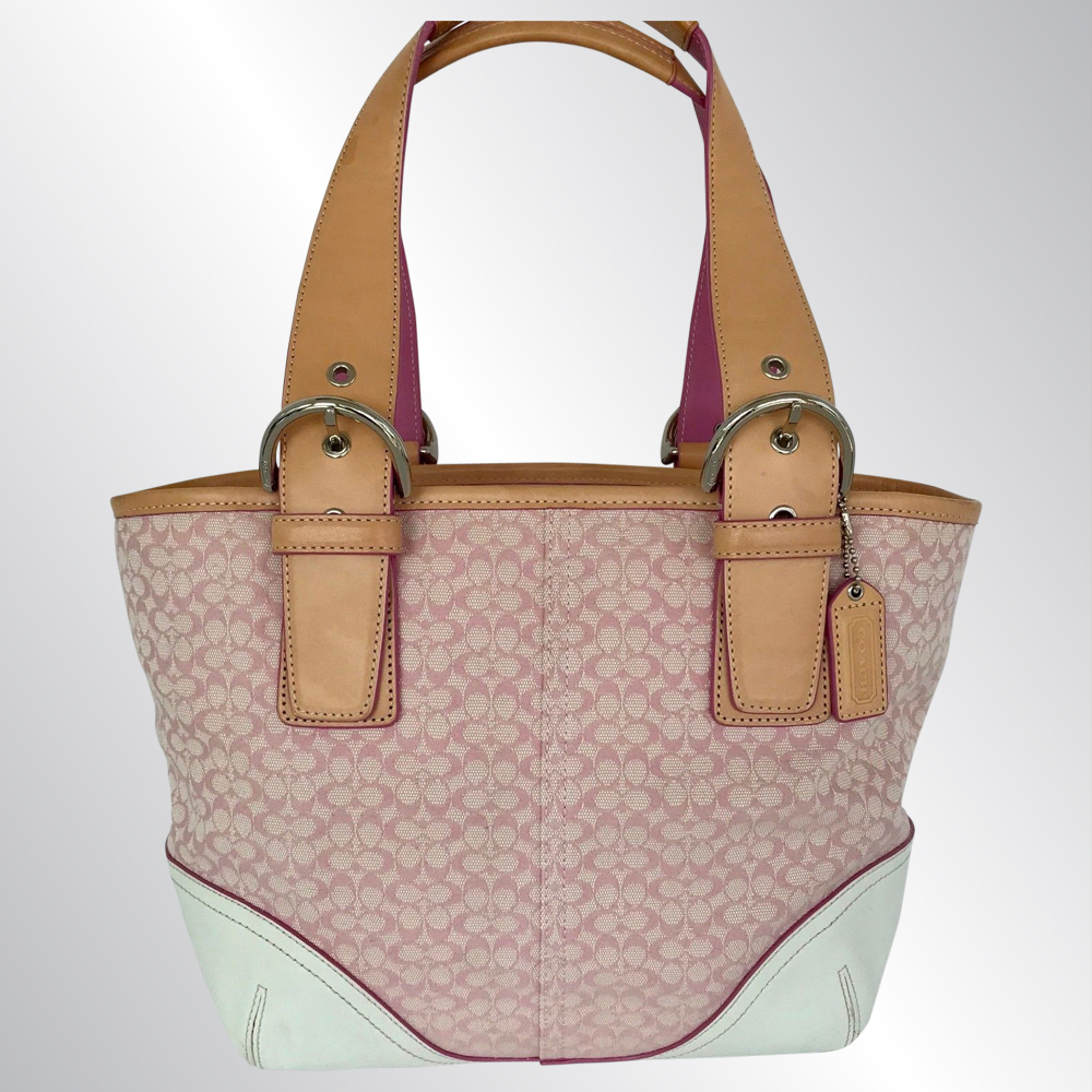 NWOT COACH PINK & CREAM CANVAS & LEATHER SHOULDER TOTE BAG, SIGNATURE CARRYALL - Couture Studio
