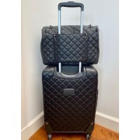 BLACK QUILTED VEGAN LEATHER 20" TRAVEL CARRY ON SUITCASE SPINNER WHEELS
