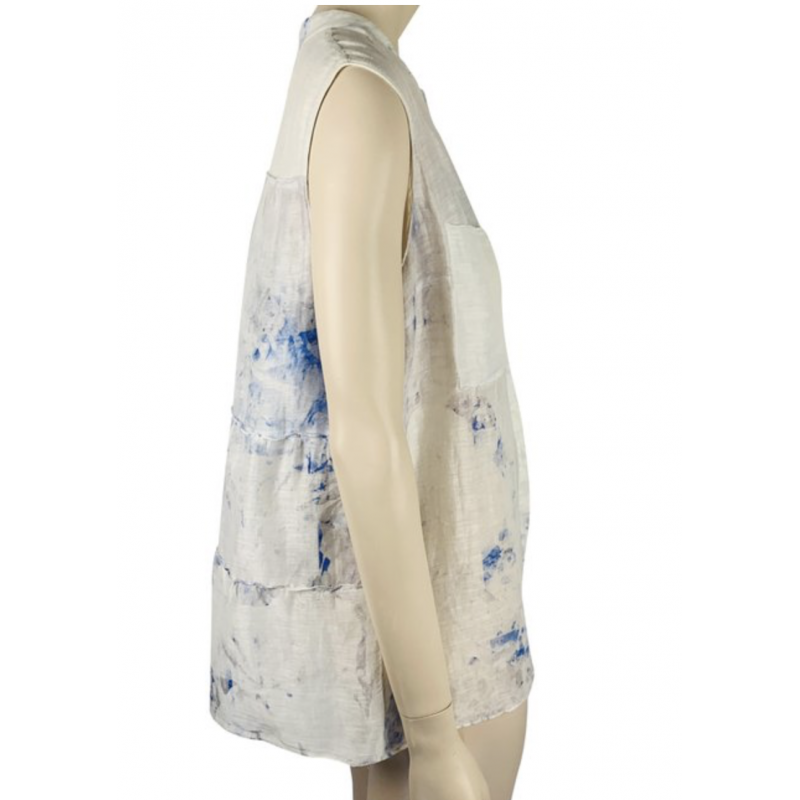 ELIE TAHARI WHITE AND BLUE LINEN & SILK LOOSE AND FLOWING SLEEVELESS TOP BLOUSE