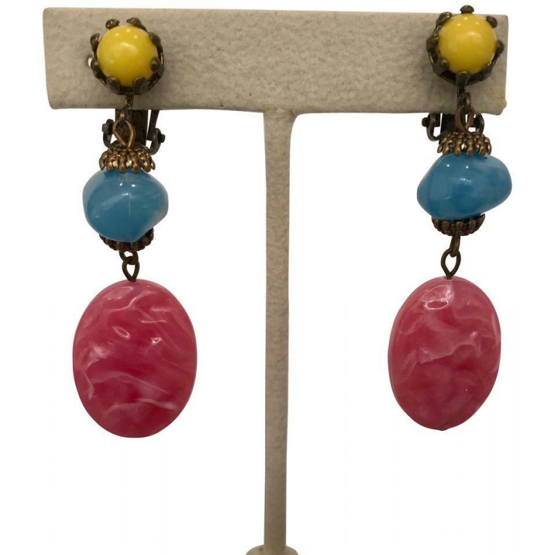 VINTAGE PINK, BLUE & YELLOW LUCITE DROP DANGLE EARRINGS, CHUNKY, CLIP ON BACKS