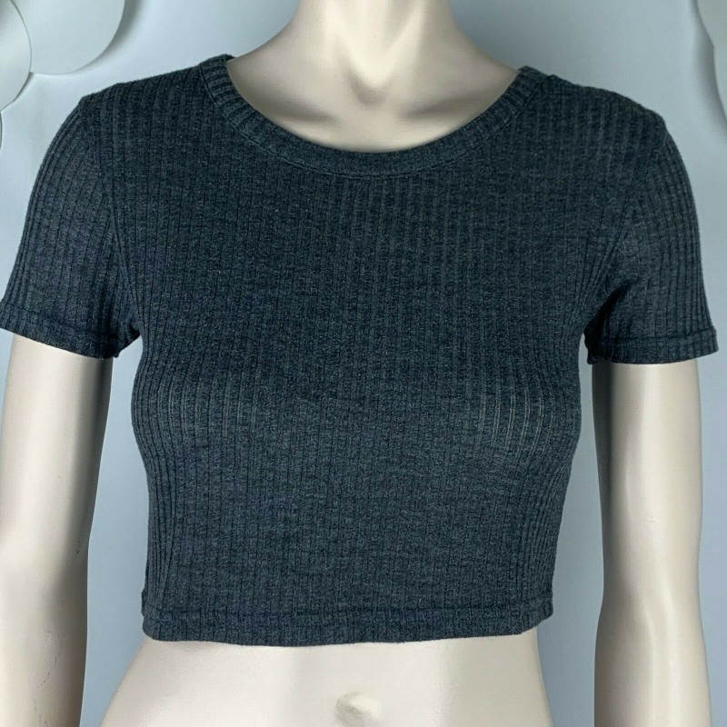 TOPSHOP GRAY GREY CROPPED RIBBED T SHIRT TOP, STRETCHY, SHORT SLEEVE, SIZE 4