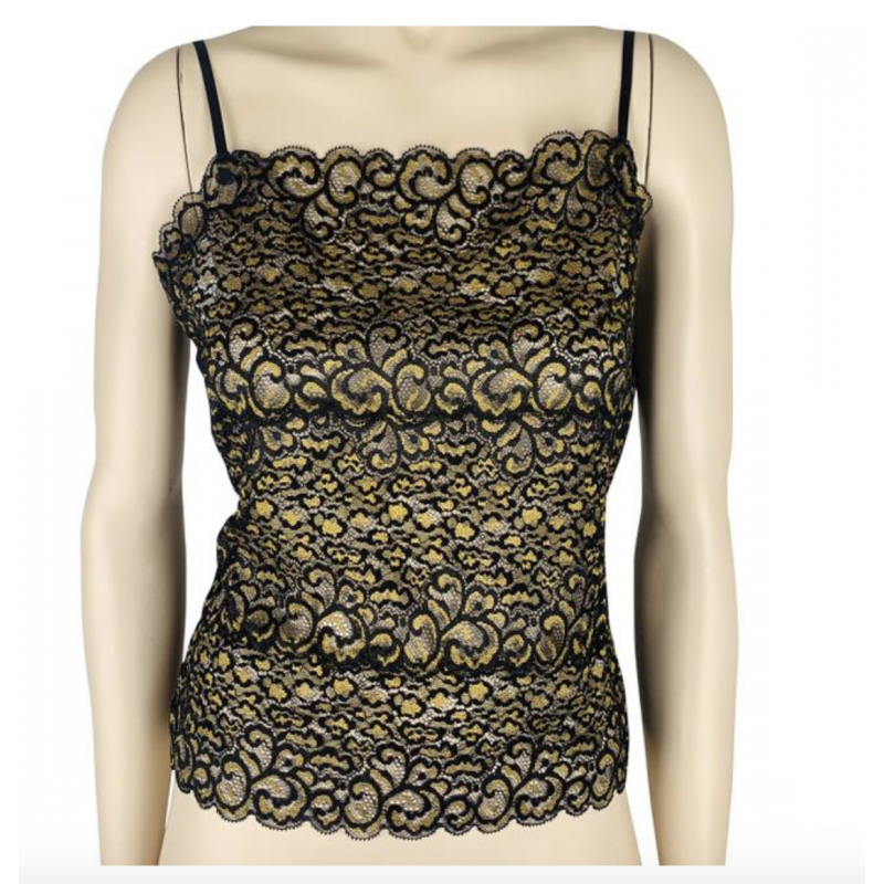 NWOT JOSIE NATORI BLACK AND METALLIC GOLD FLORAL LACE CAMISOLE TOP, STRETCHY,