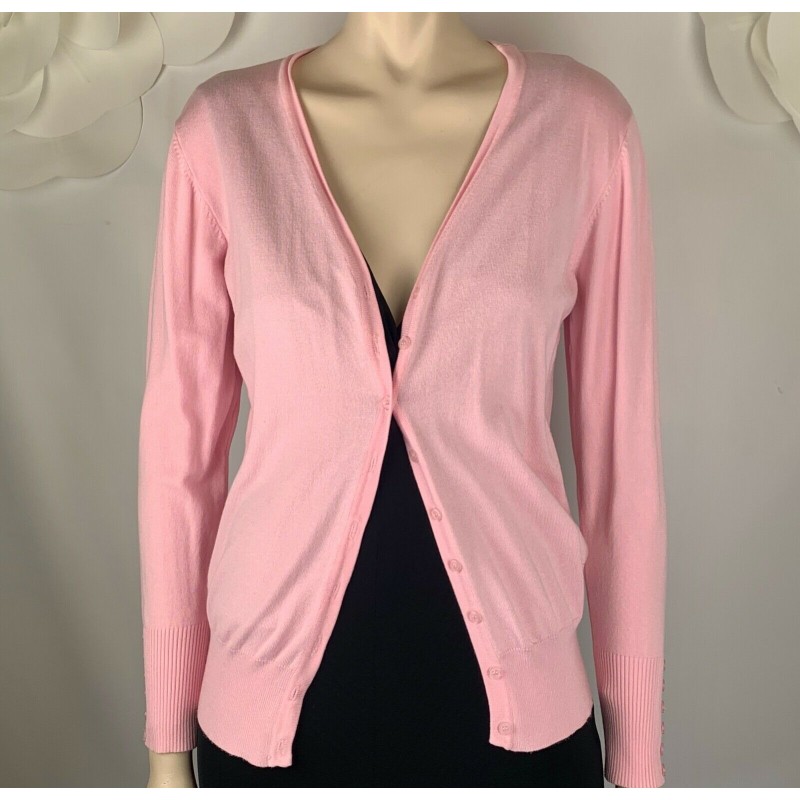 PRETTY CIELO PINK KNIT CARDIGAN, BUTTONS, V NECK, STRETCHY, SIZE SMALL